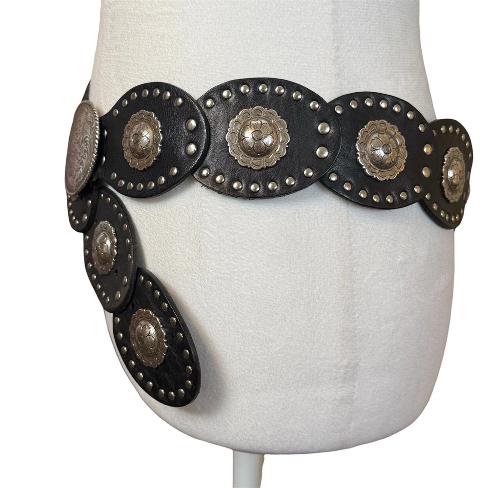 Fossil Leather Studded Western Concho Belt Black Buckle Wide Boho Flower Large - Picture 3 of 11